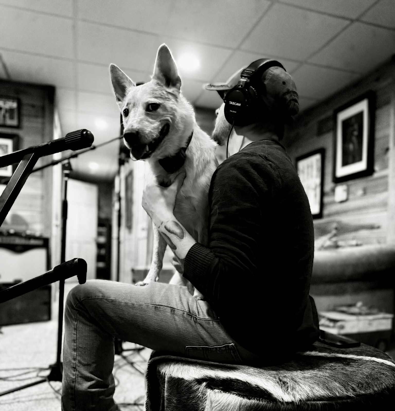 Robbie in the recording studio with his dog