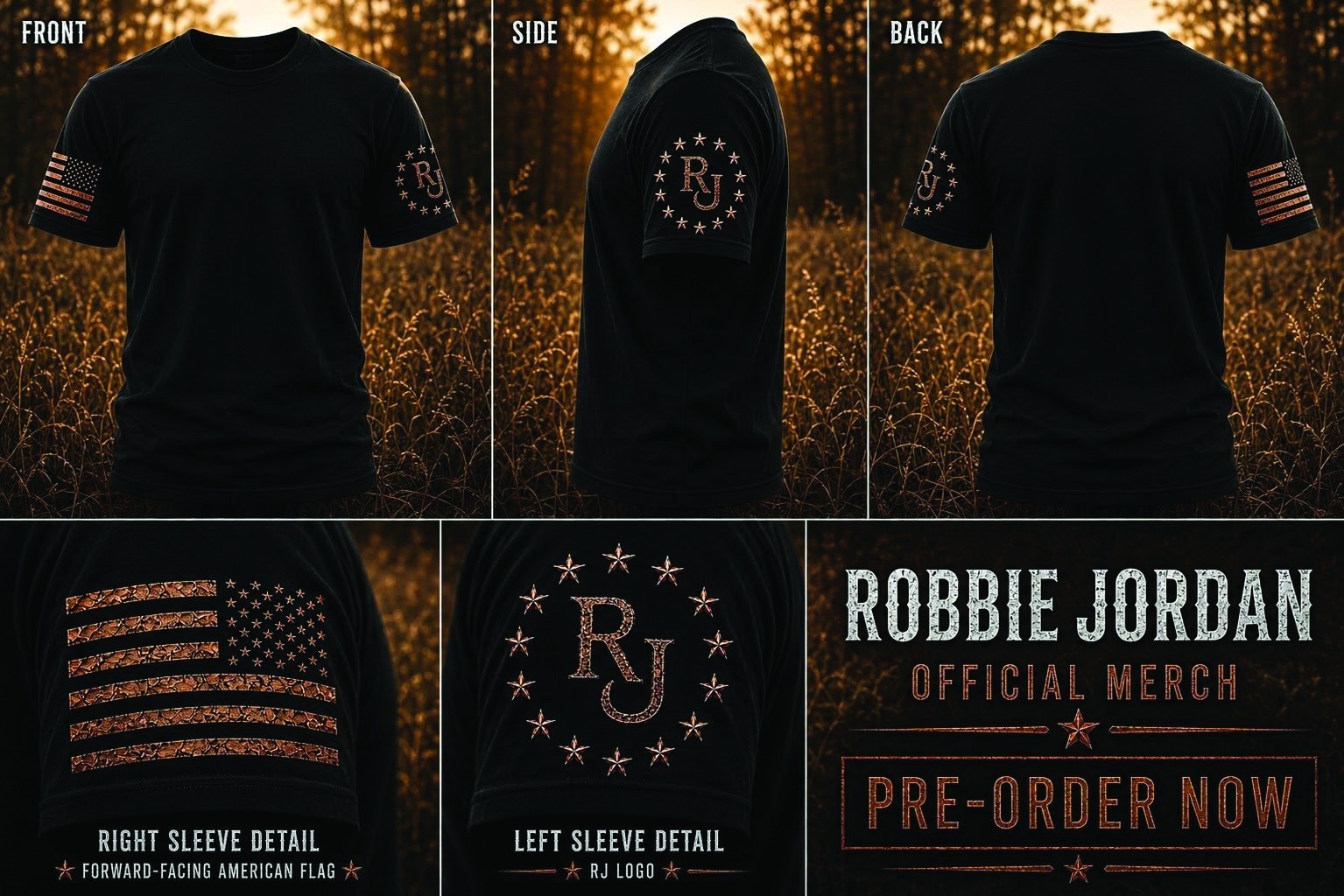 Official tee shown from front, side and back with flag and RJ sleeve details